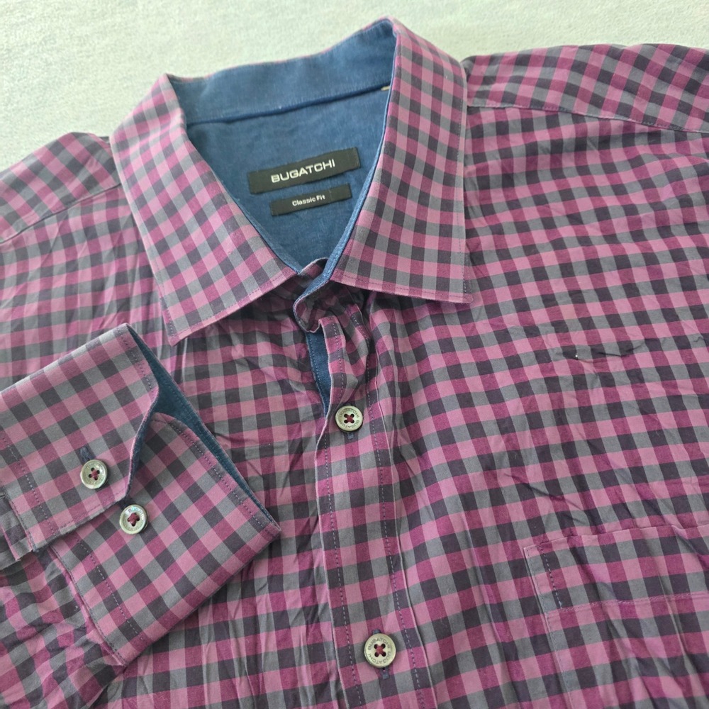 Bugatchi Mens XXL Classic Fit Gingham Button Down Shirt Purple Grey Cotton LS